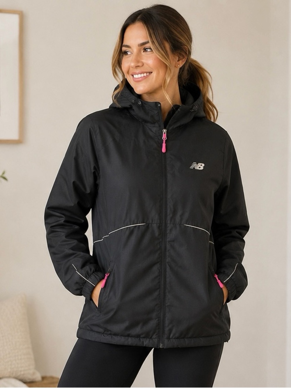 New Balance Women’s Black Fleece Lined Hooded Jacket Pink Accents Size M